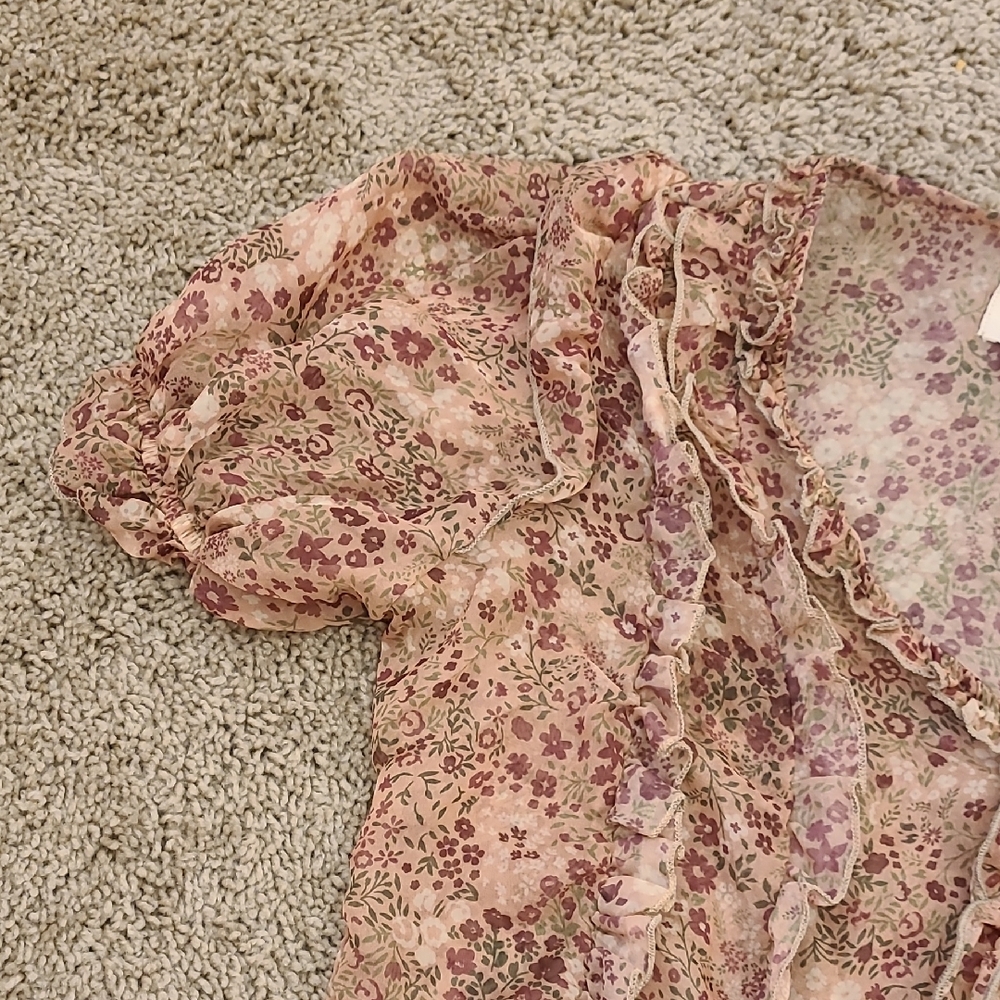 Anthropologie Floral Sheer Cropped Puff Sleeve Blouse PXXS - Picture 6 of 15